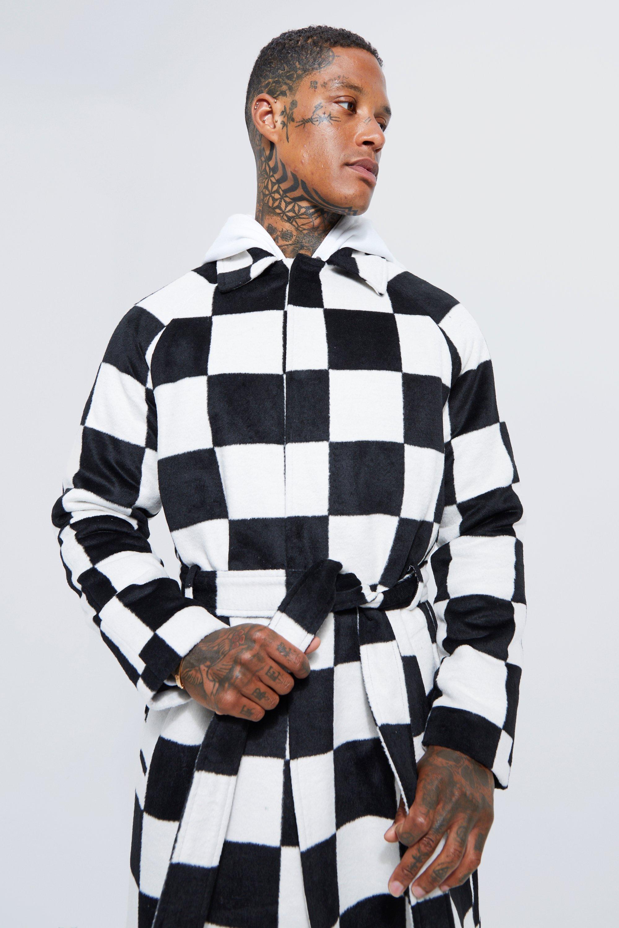 Black and white checkered trench cheap coat