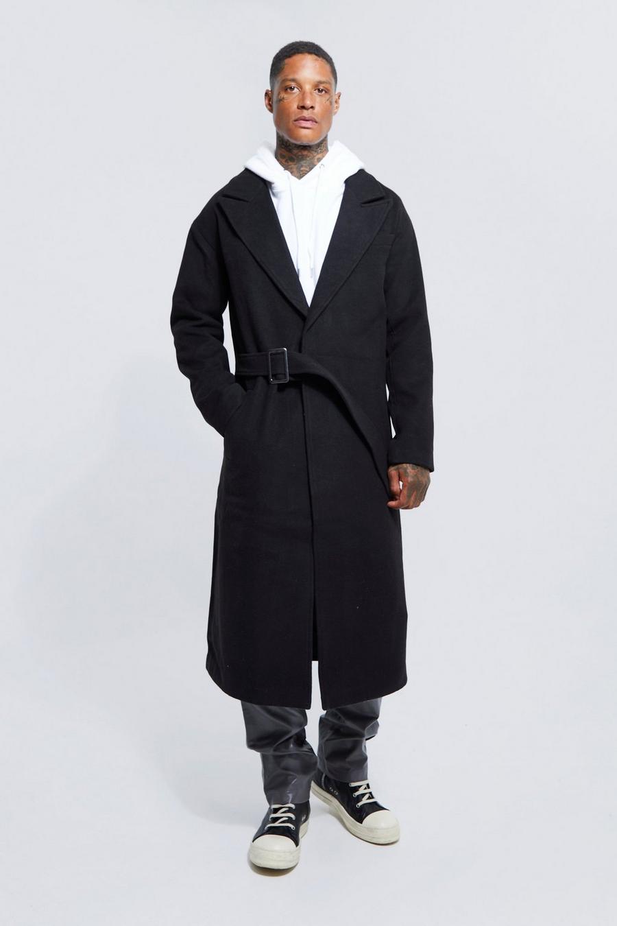 Black svart Wool Look Brass Buckle Longline Overcoat image number 1
