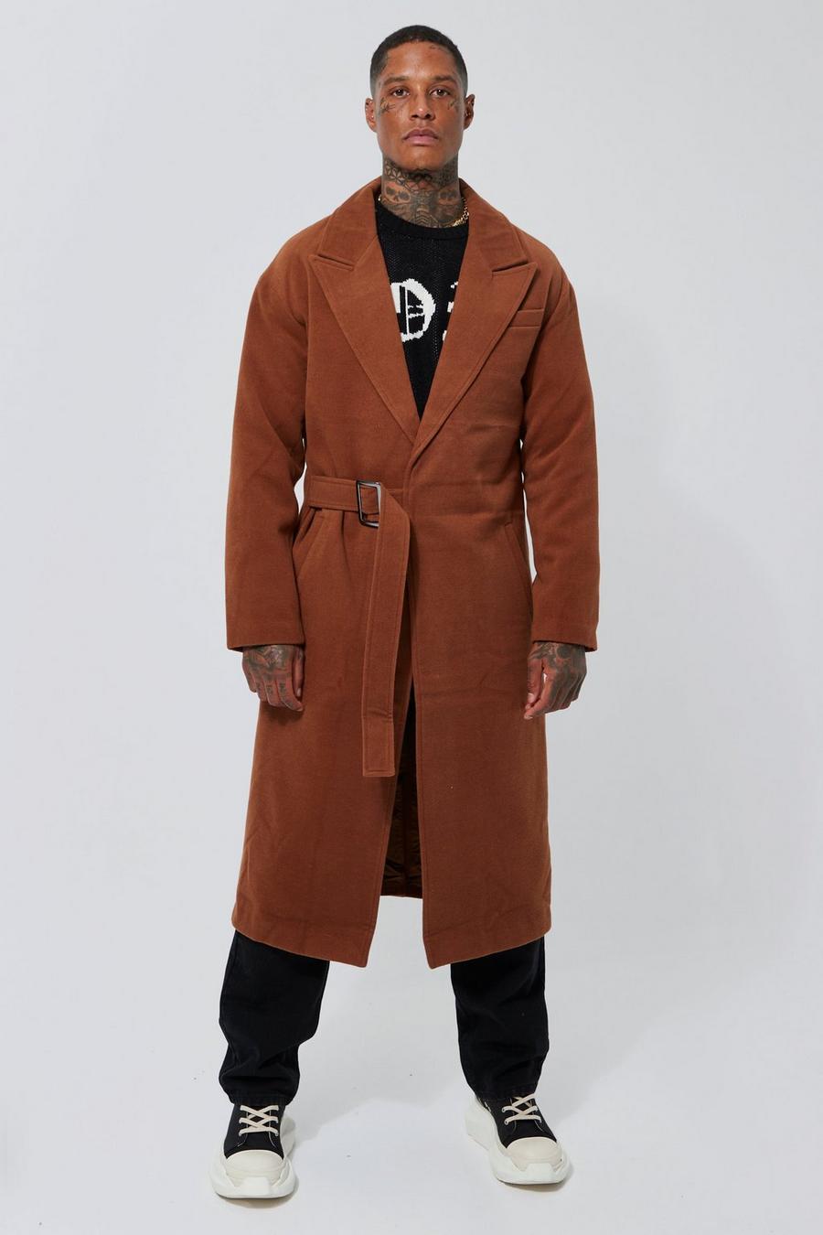 Abrigo efecto lana largo con hebilla de larga, Rust naranja