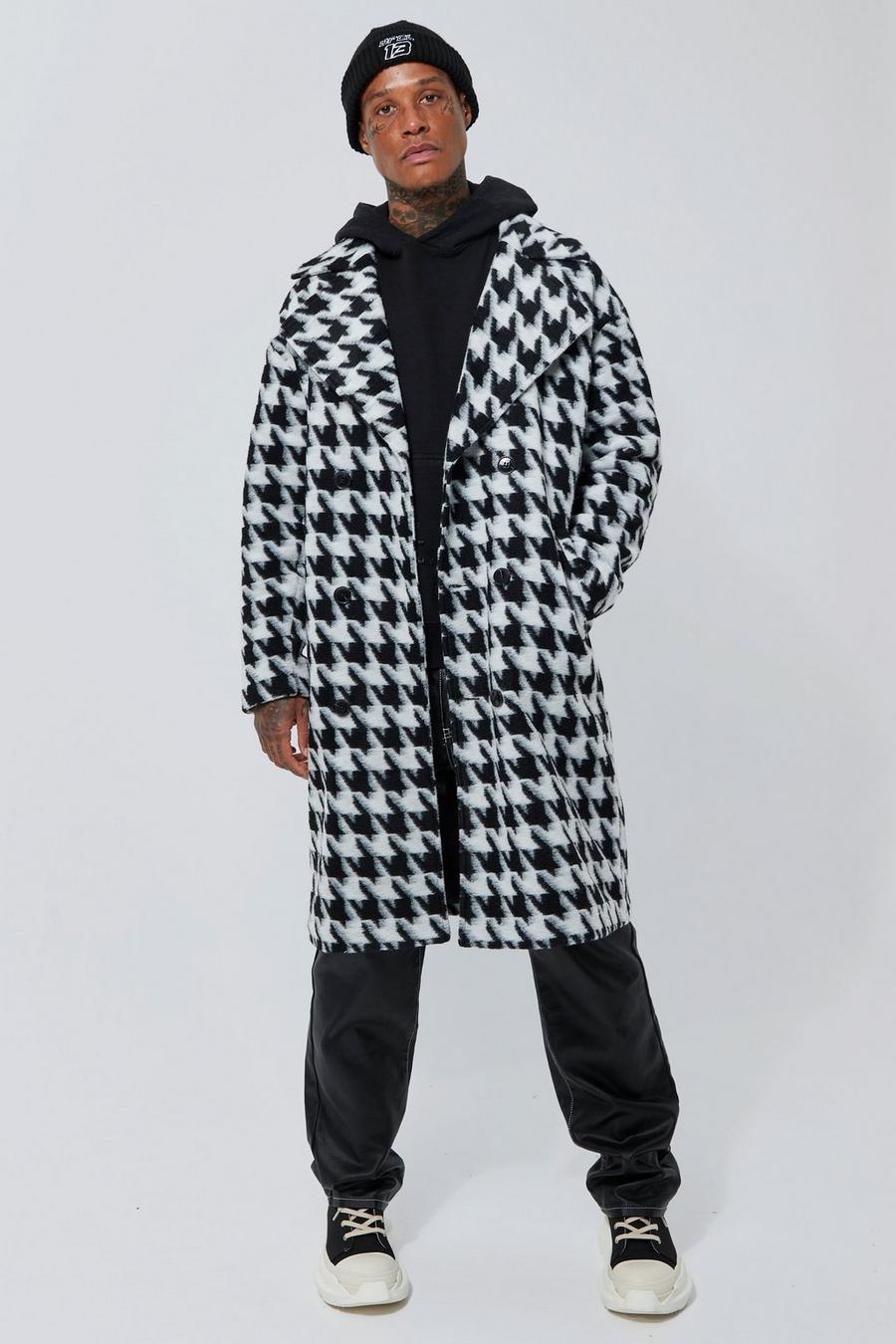 Black negro Wool Look Dogtooth Double Breasted Overcoat