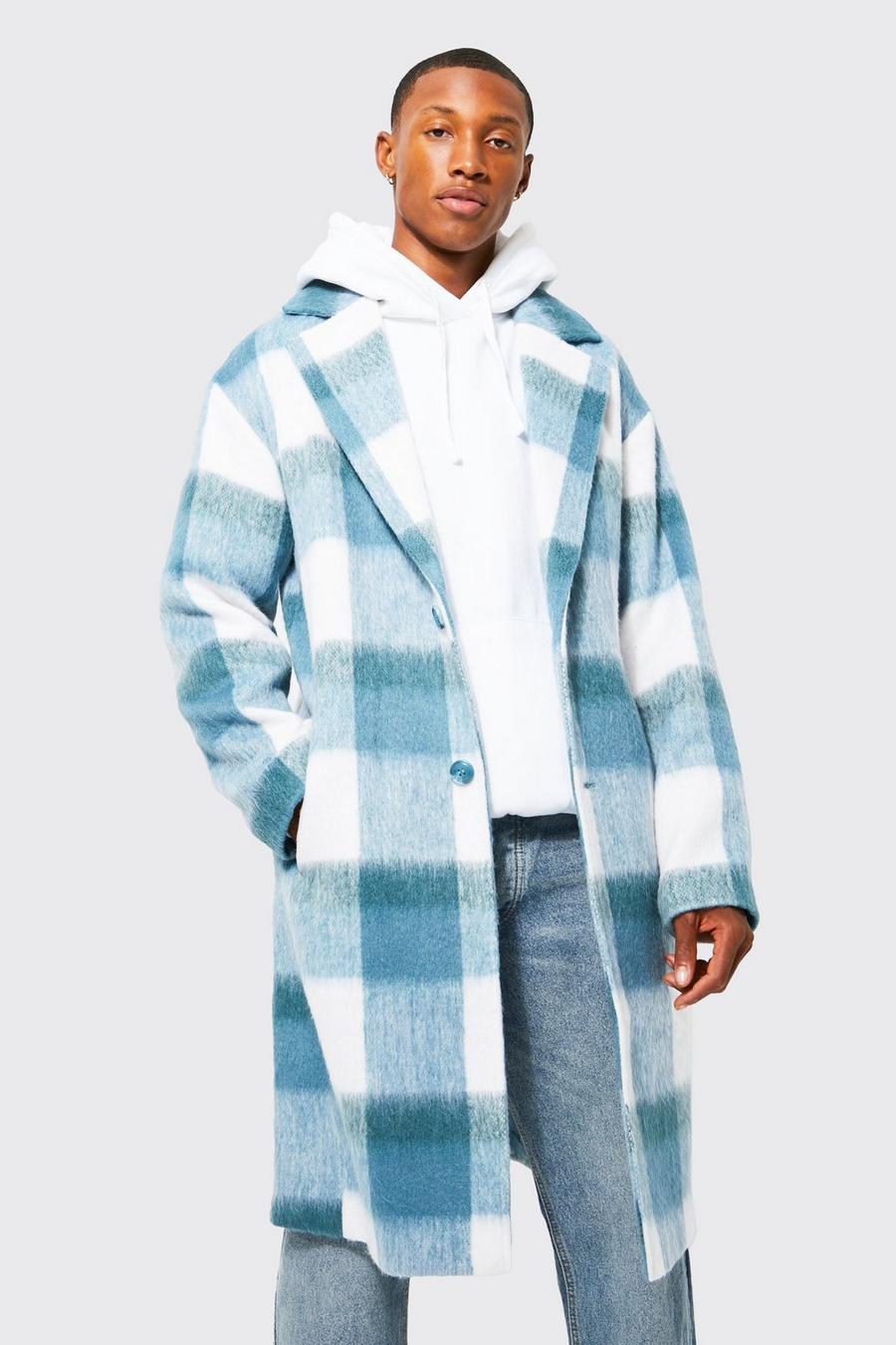 Blue Wool Look Check Mid Length Overcoat