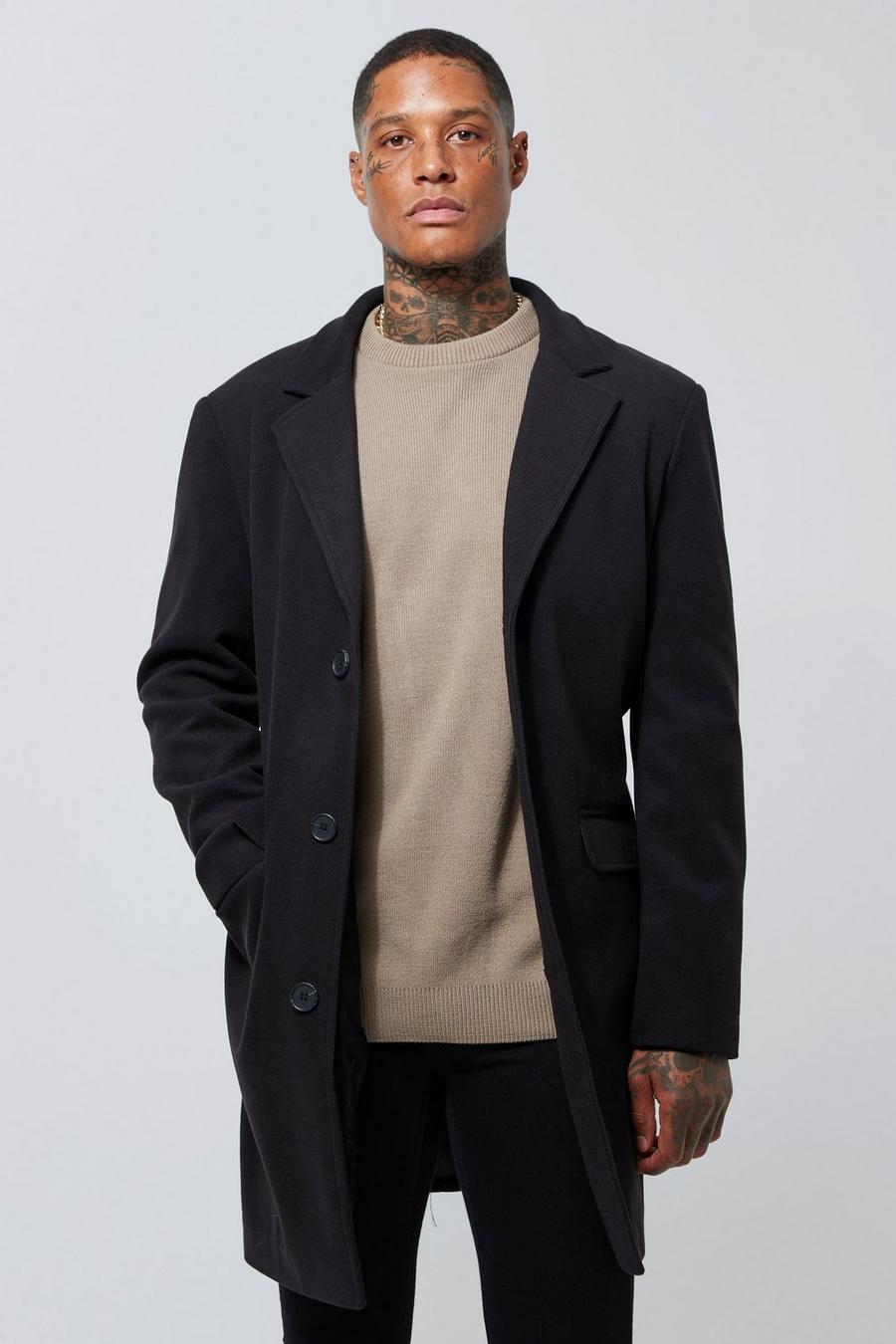 Abrigo efecto lana de terciopelo y pana con botonadura, Black image number 1