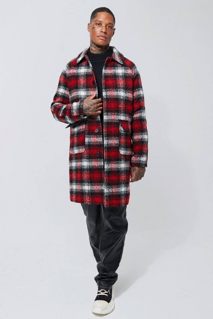 Red röd Wool Look Check Single Breasted Collard Overcoat image number 1