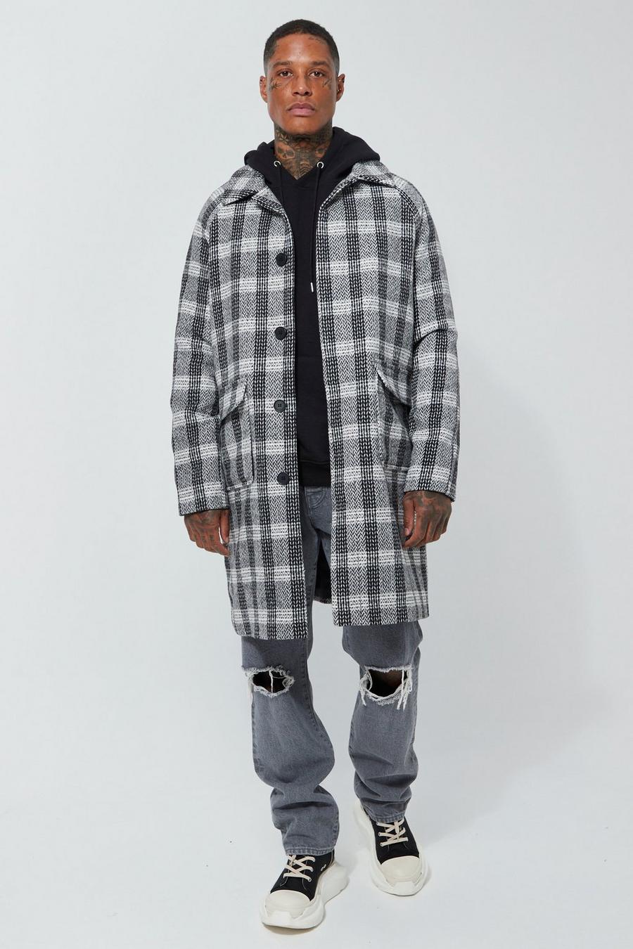 Abrigo efecto lana con estampado de cuadros, cuello y botonadura, Grey image number 1