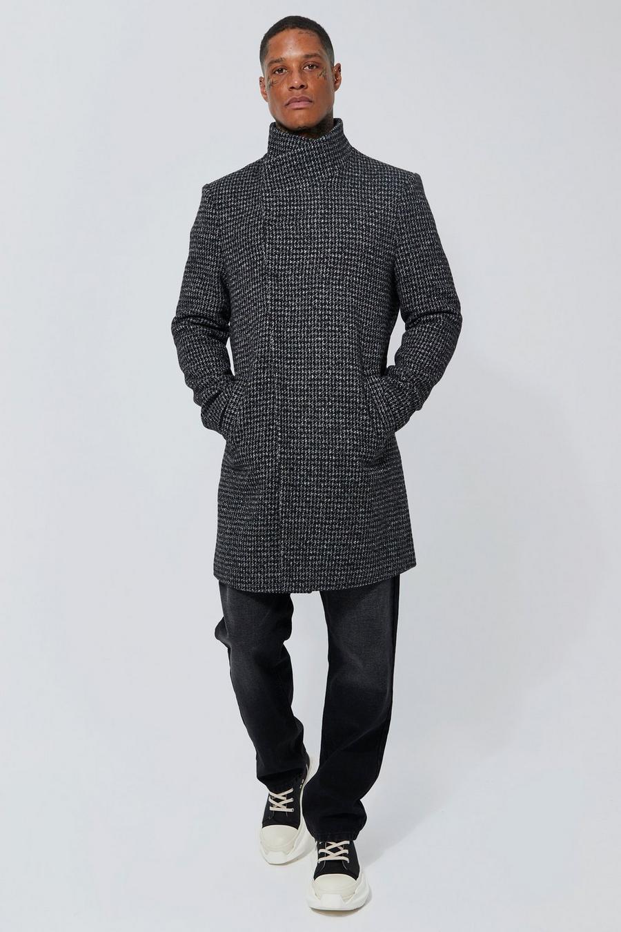 Charcoal grey Wollen Overjas Met Textuur En Hoge Kraag