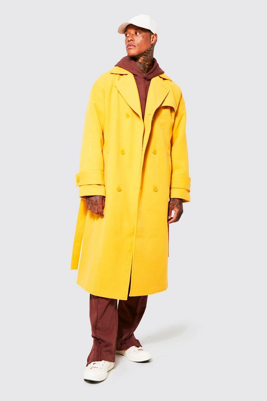 Zweireihiger Mantel mit Sturmhaube, Mustard jaune