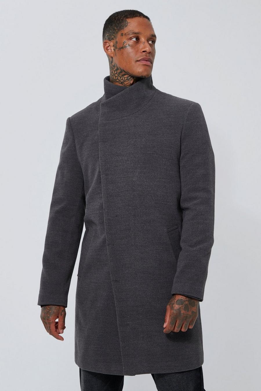 Dark grey grå Funnel Neck Wool Look Overcoat