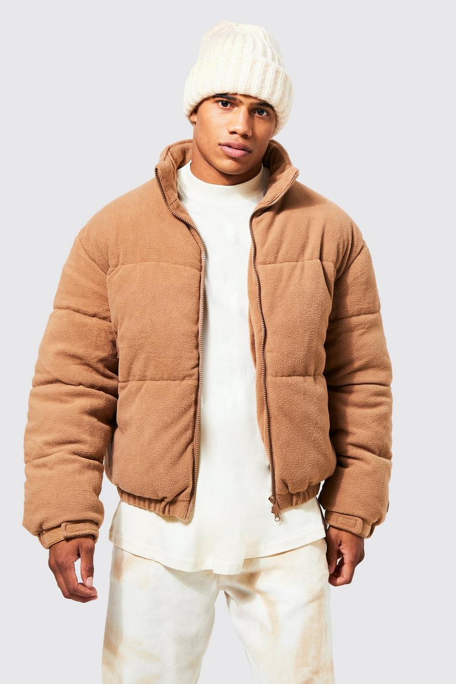 Tan Fleece Boxy Funnel Neck Puffer image number 1