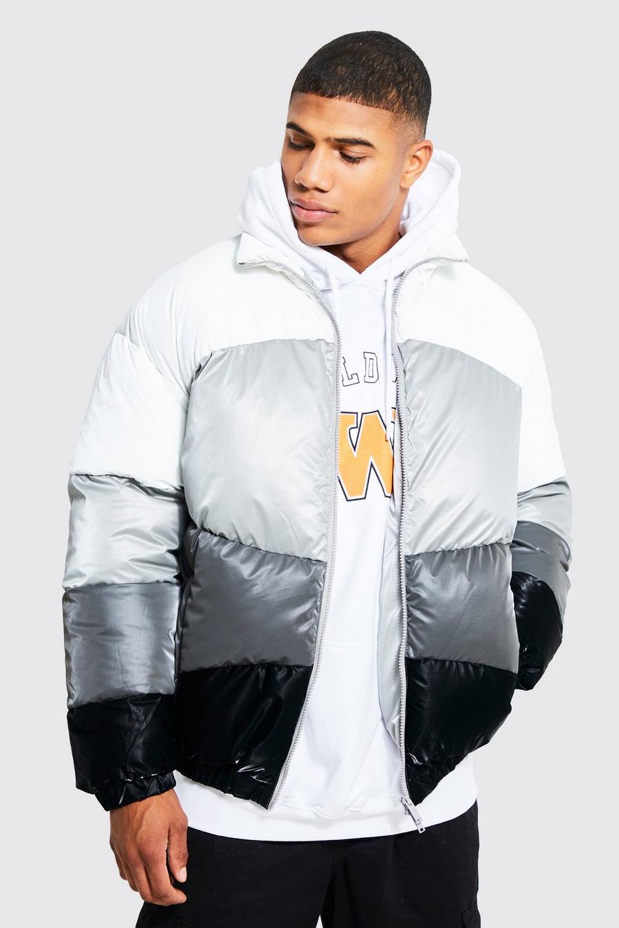 Grey Oversized Colourblock Funnel Neck Puffer image number 1