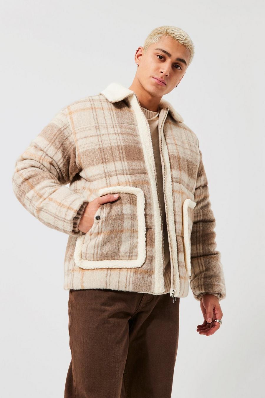 Stone beis Wool Look Check Zip Through Puffer image number 1