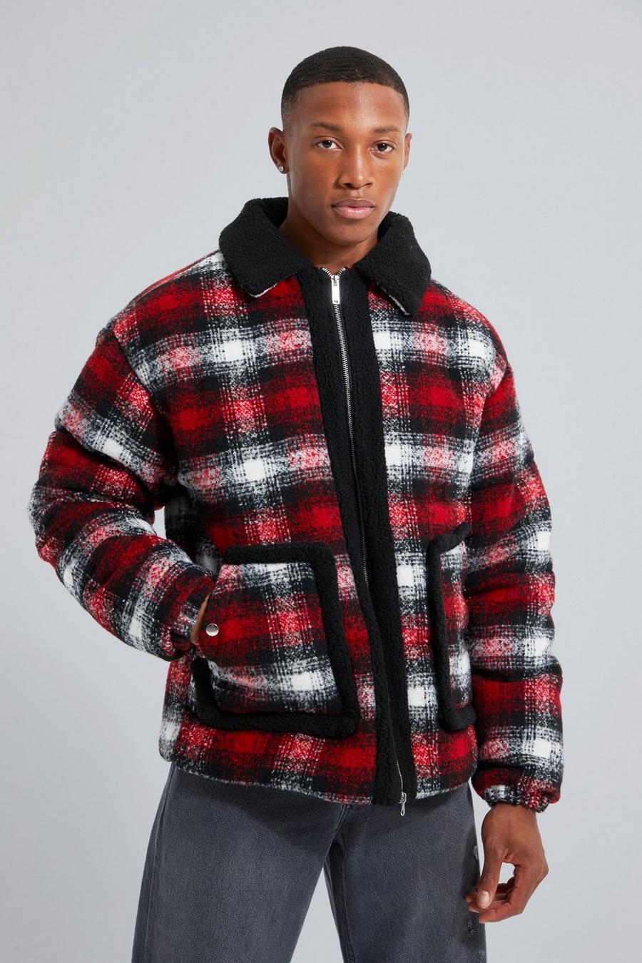 Red rosso Wool Look Check Zip Through Puffer image number 1