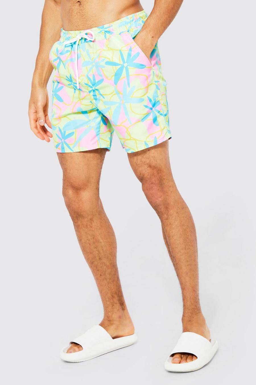 Green Floral Short  Length Recycled Swim Shorts