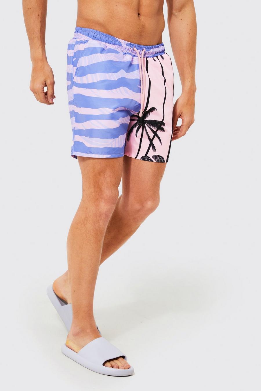 Pink Spliced Palm Print Mid Length Swim Shorts image number 1
