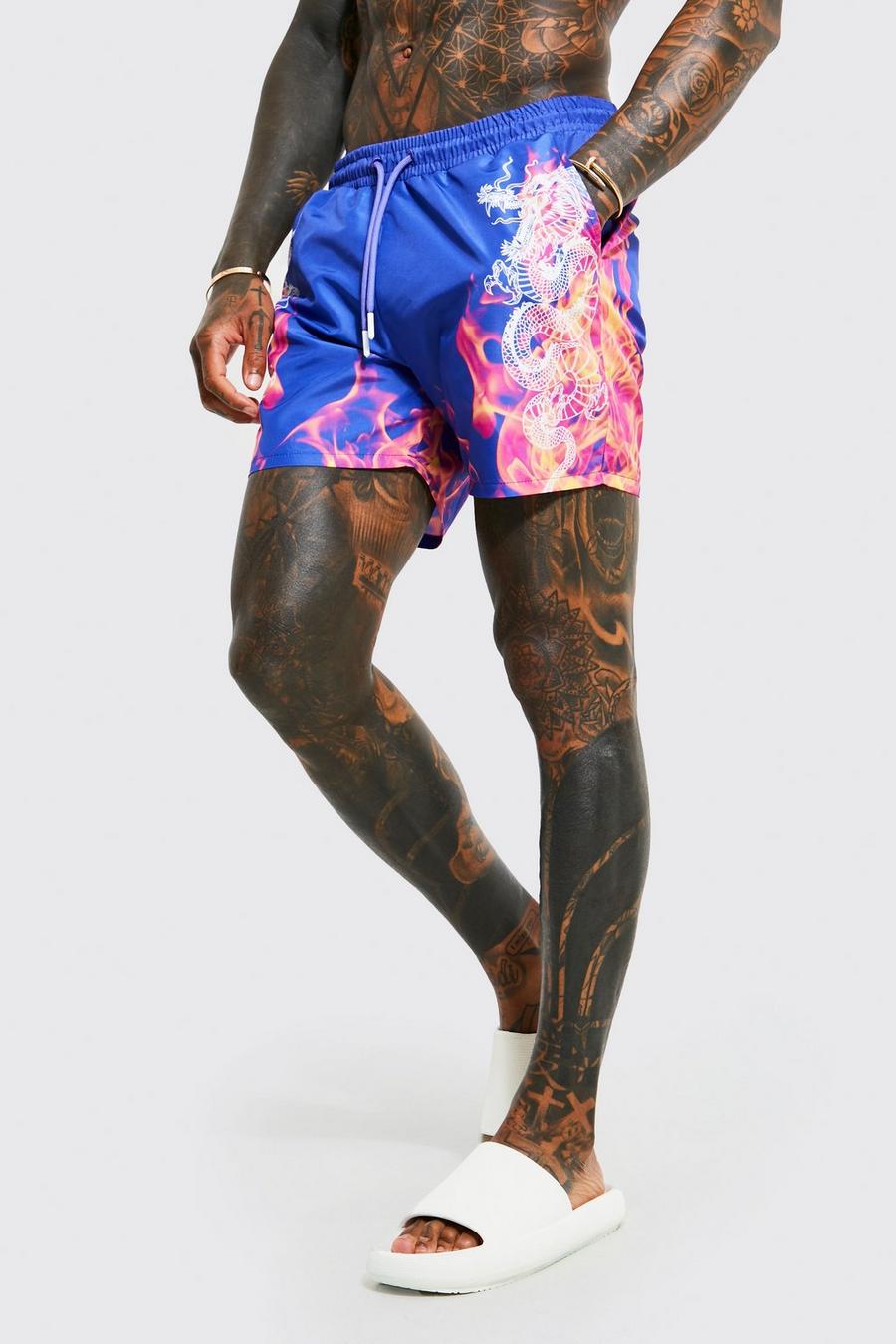 Purple Split Hem Dragon Print Mid Length Swim Shorts