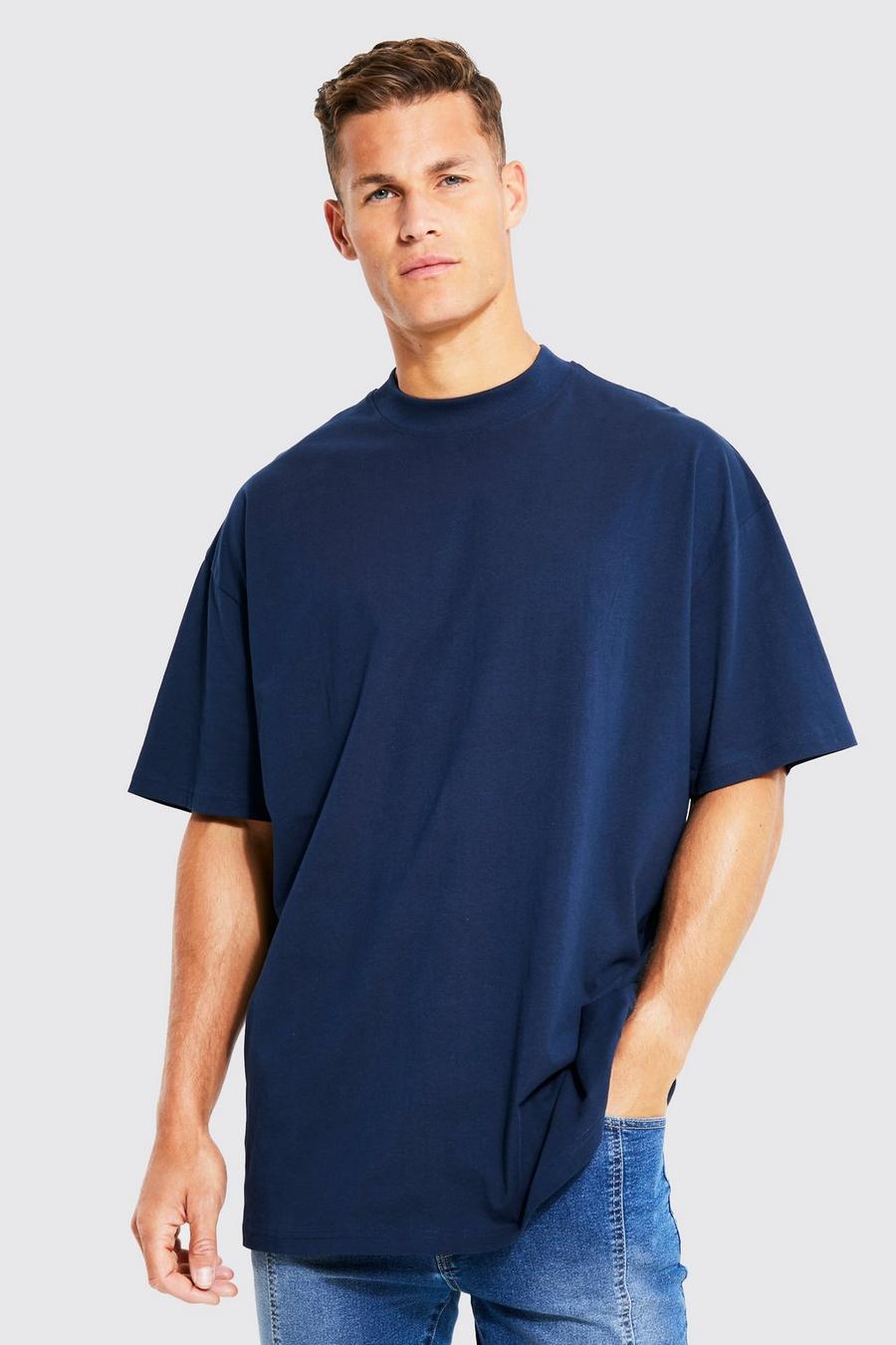 Navy Tall Extended Neck Basic Oversized  T-shirt image number 1
