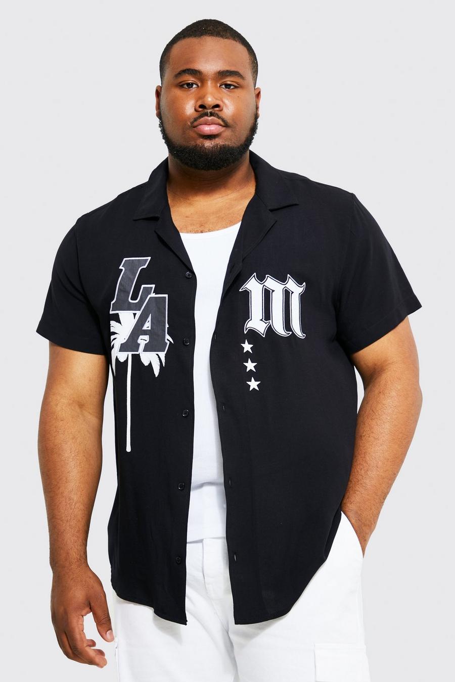 Plus kurzärmliges Viskose-Hemd mit LA-Applique, Black image number 1
