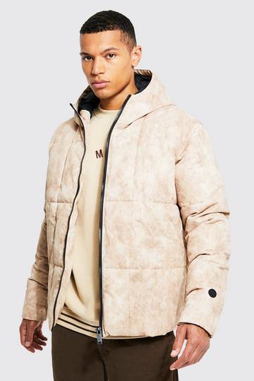 Stone Beige Tall Tie Dye Square Panel Hooded Puffer