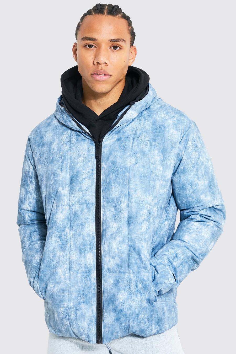 Light blue Tall Tie Dye Square Panel Hooded Puffer