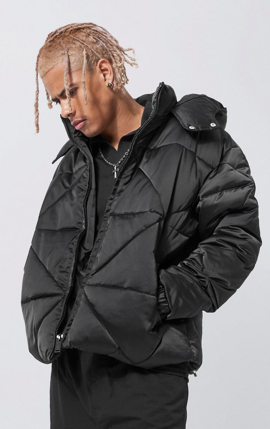 Black Tall Boxy Fit Satin Panelled Puffer Jacket image number 1