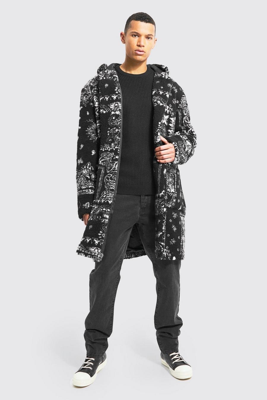 Cappotto Tall in pile borg in fantasia a bandana, Black image number 1