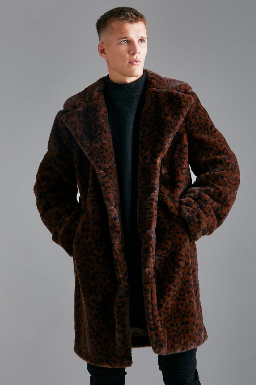 Chocolate brown Tall Faux Fur Leopard Print Overcoat