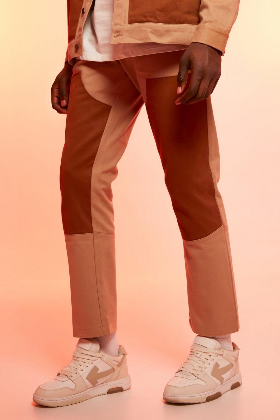 חום שזוף marrón מכנסיים מבד עבה בגזרת רגל ישרה עם פאנל פועלים