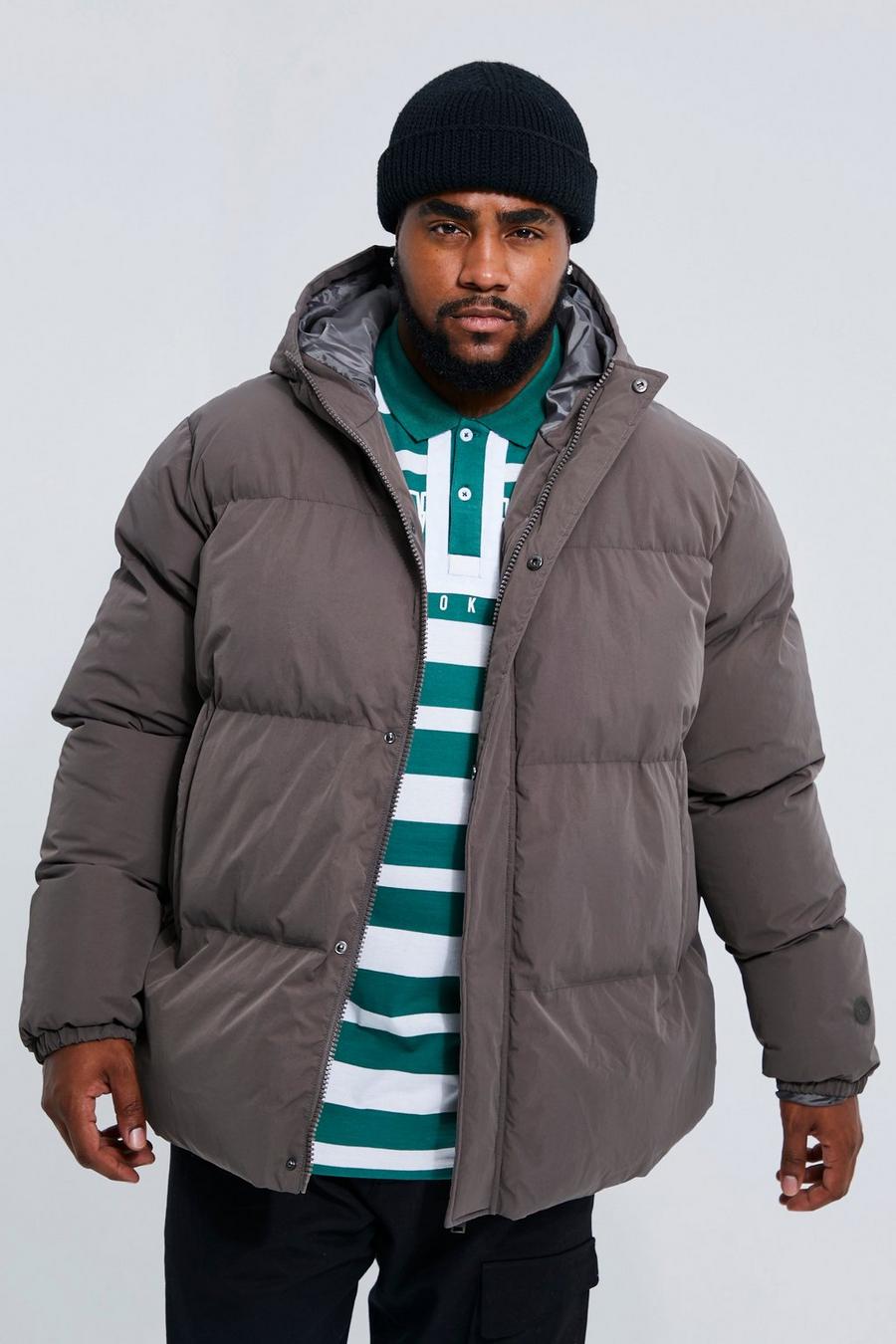 Slate grey Plus Concealed Placket Hooded Puffer