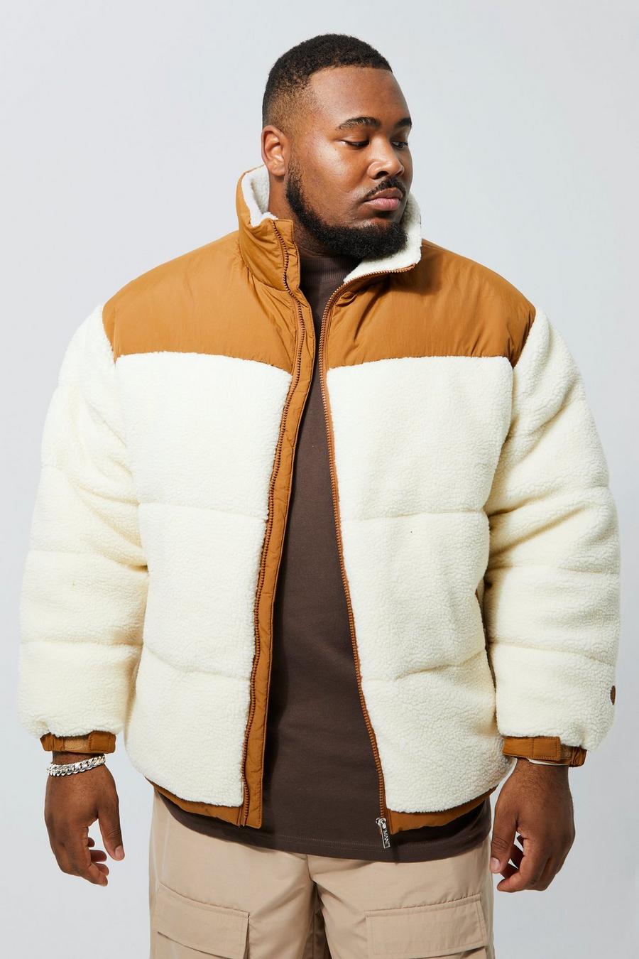 Tan brown Plus Loose Fit Borg Funnel Neck Puffer