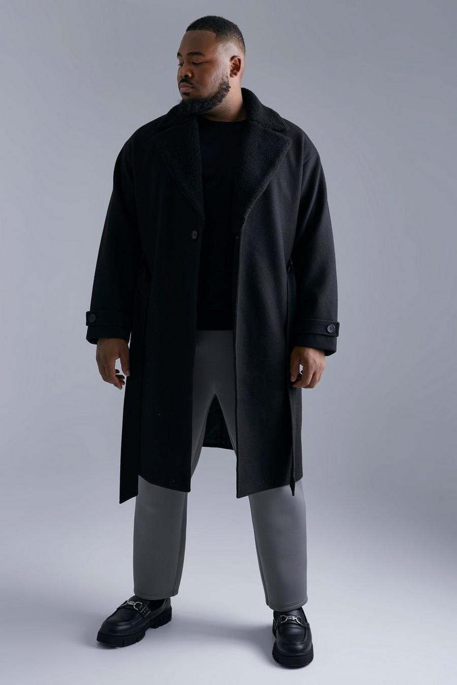Black svart Plus Wool Look Overcoat With Borg Collar