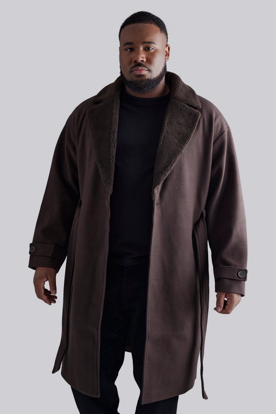 Chocolate brun Plus Wool Look Overcoat With Borg Collar