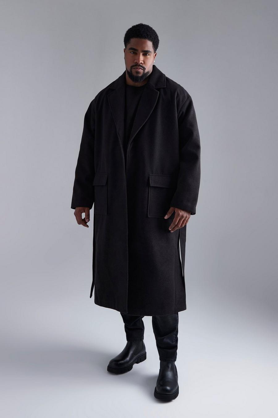 Black Plus 2 Pocket Longline Belted Overcoat