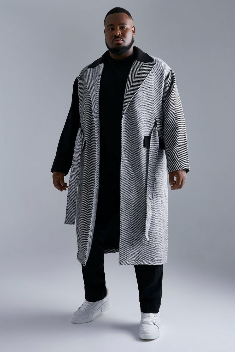 Grey gris Plus Wool Look Tonal Herringbone Overcoat image number 1