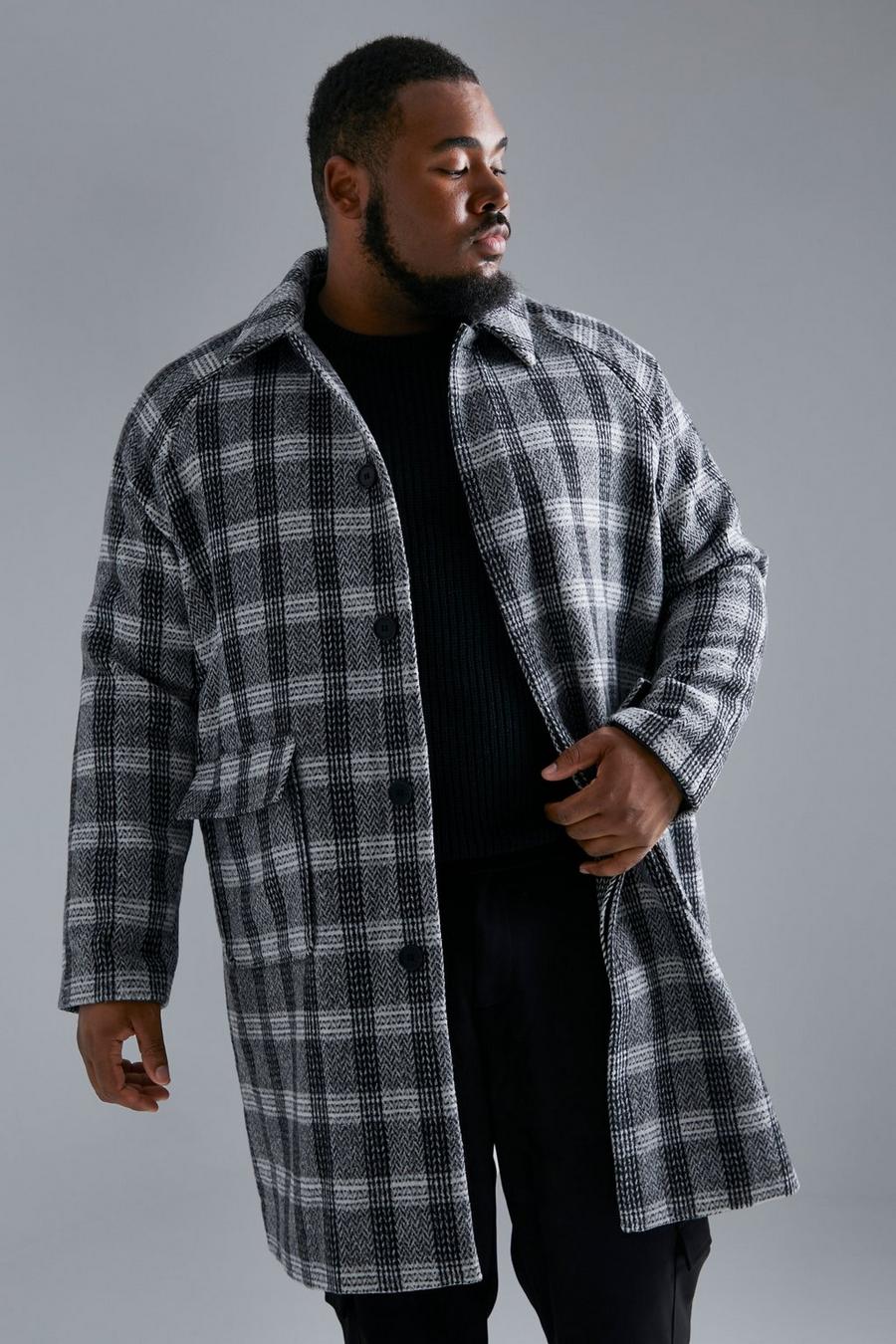 Grey Plus Wool Look Check Raglan Overcoat image number 1