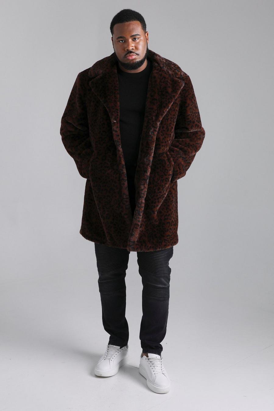Grande taille - Manteau à imprimé léopard et fausse fourrure, Chocolate brown