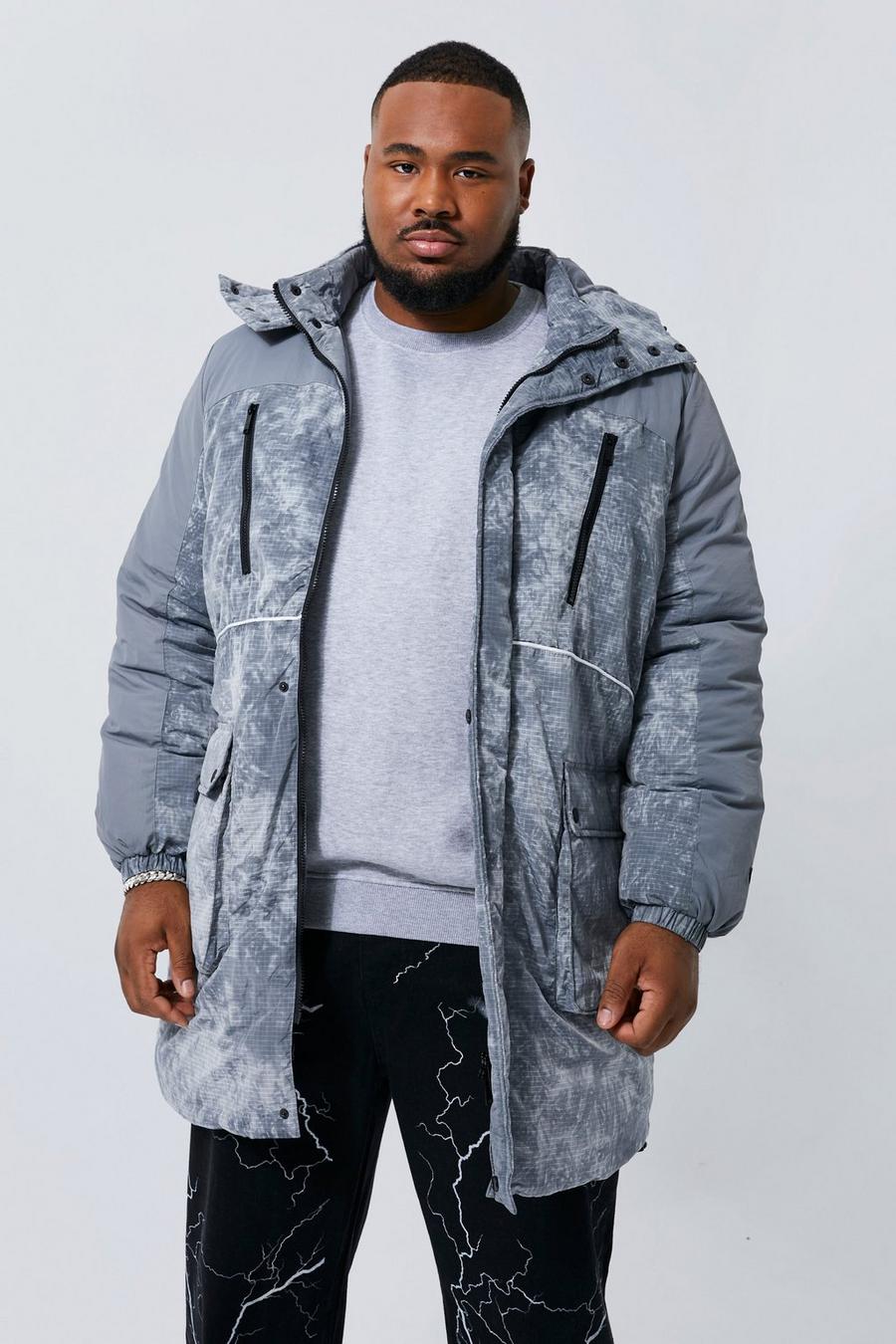 Grey Plus Tie Dye Ripstop Panelled Parka  image number 1