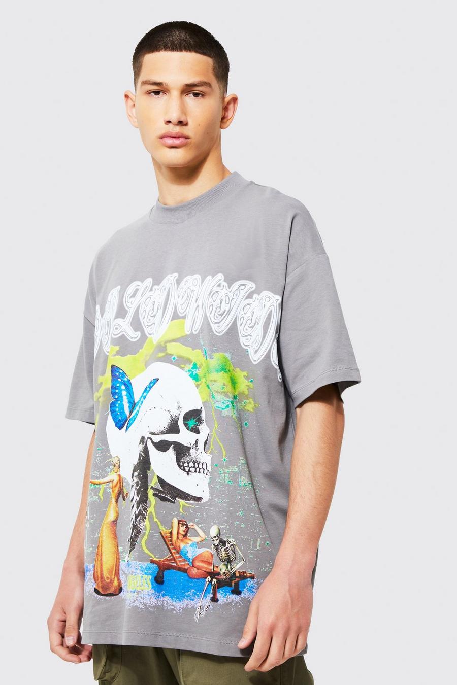 Oversize T-Shirt mit Totenkopf-Print, Charcoal grey