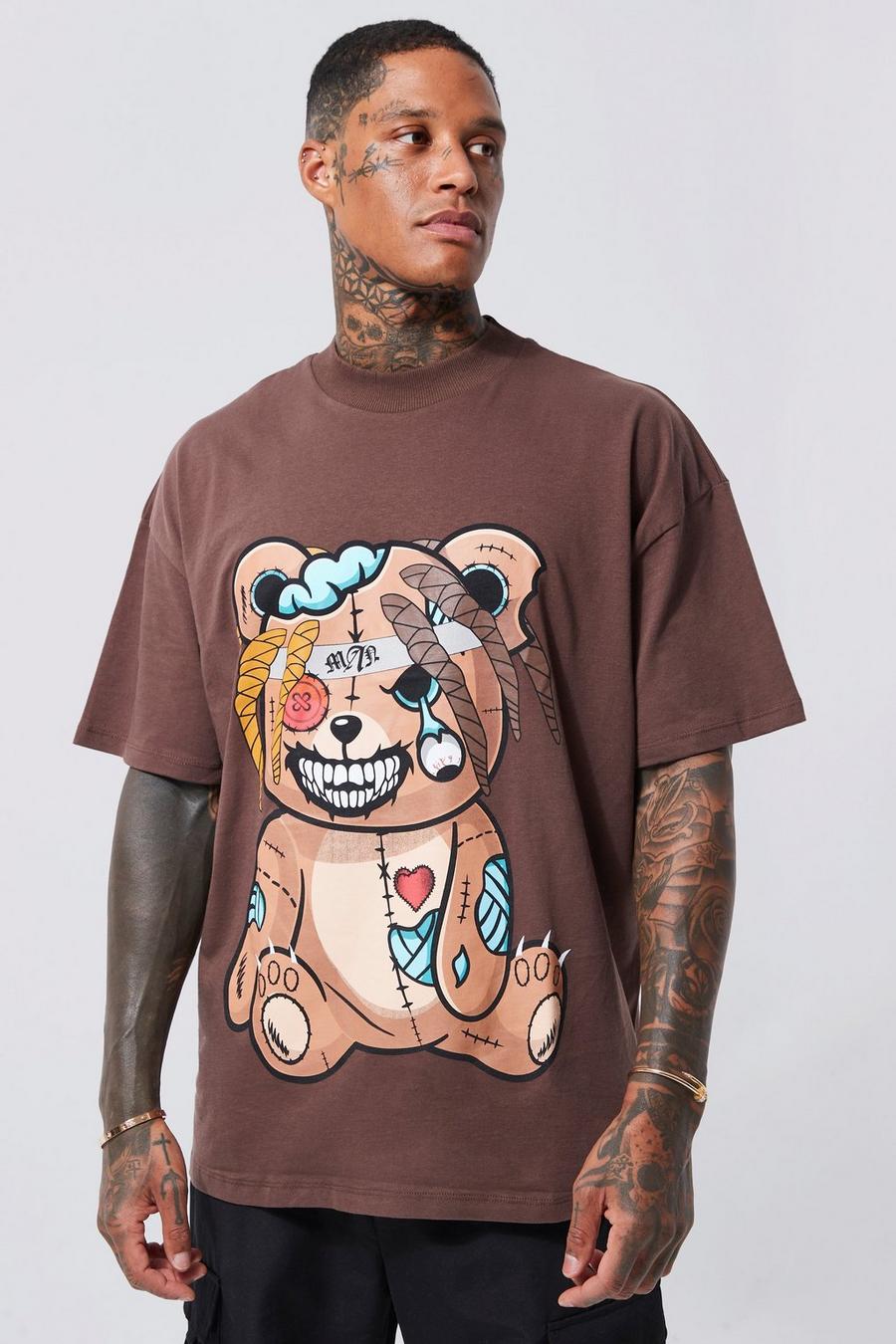 T-shirt oversize con grafica Angry Teddy e girocollo esteso, Chocolate image number 1
