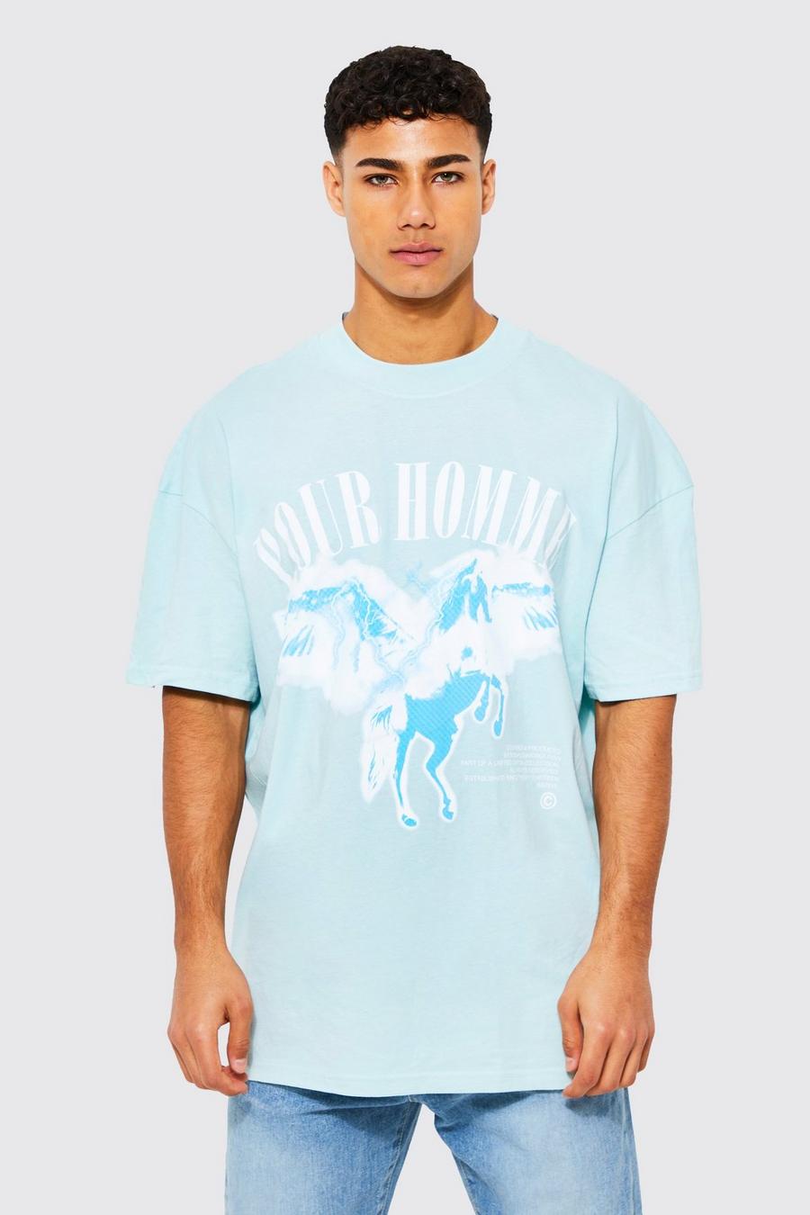 Light blue Oversized Horse Extended Neck T-shirt