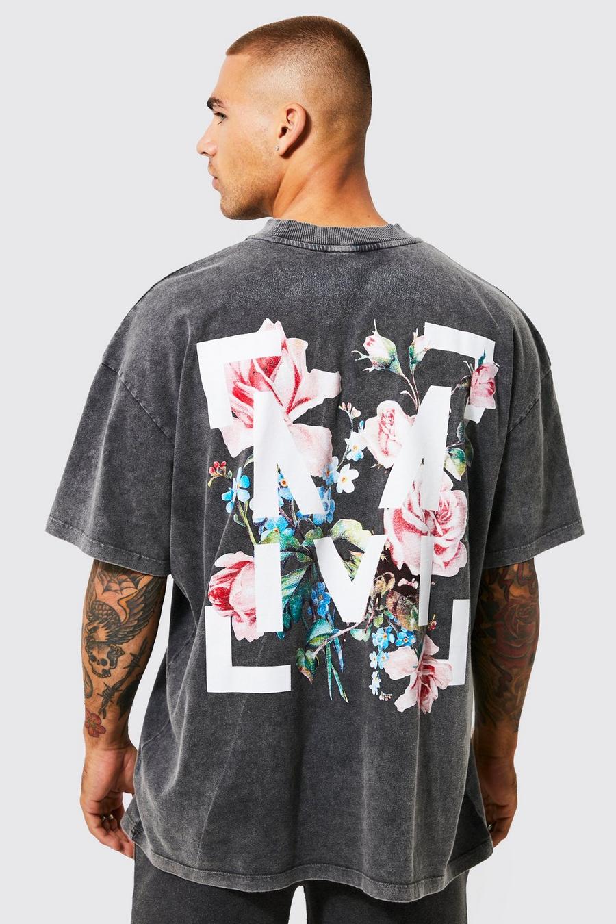 Charcoal grey Oversized Floral Graphic Acid Wash T-shirt