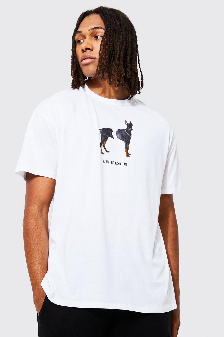 T-shirt oversize Limited Edition con stampa di cane, White bianco