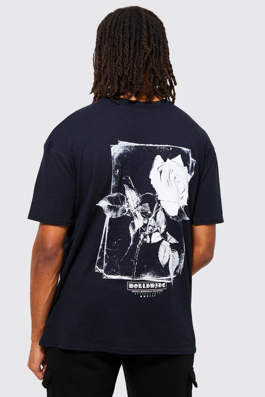 Camiseta ajustada al músculo con estampado de flores en la espalda, Black image number 1