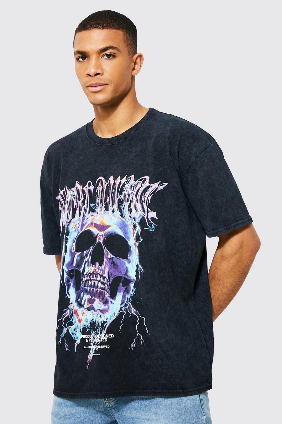 Oversized Skull Graphic Acid Wash T-shirt | boohoo
