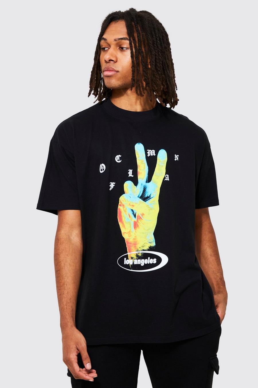 T-shirt con grafica di mano e simbolo della pace e girocollo esteso, Black image number 1