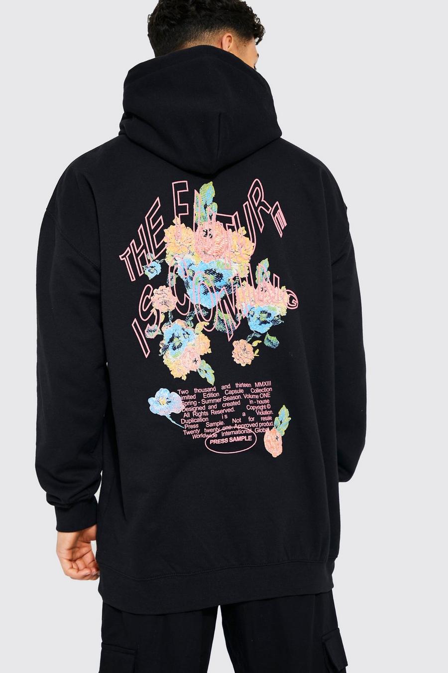 Black Oversized Future Floral Graphic Hoodie image number 1