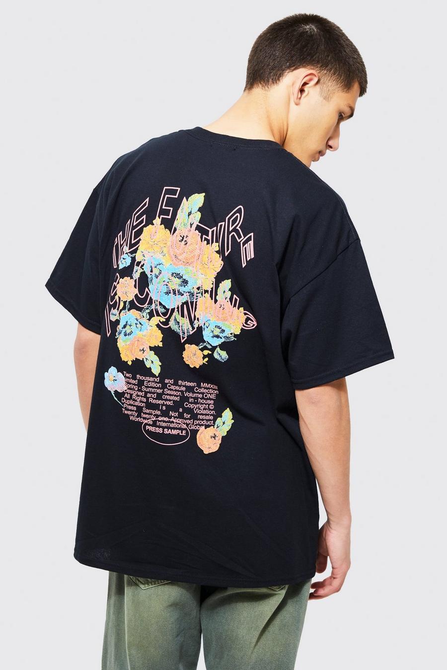 Camiseta oversize con estampado gráfico de flores, Black nero
