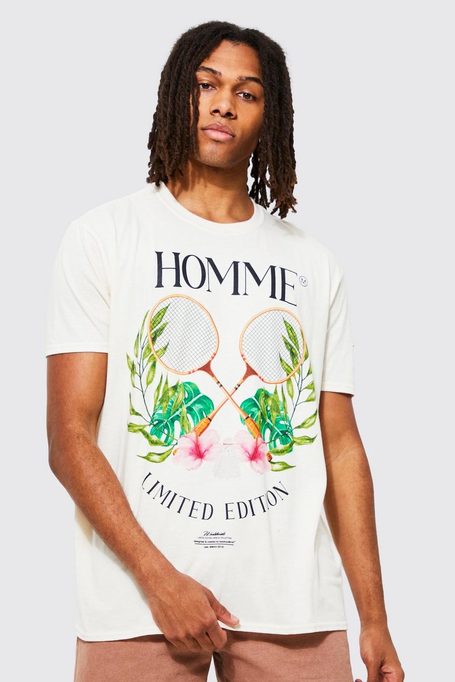 Oversize T-Shirt mit Homme Tennis Print, Ecru white