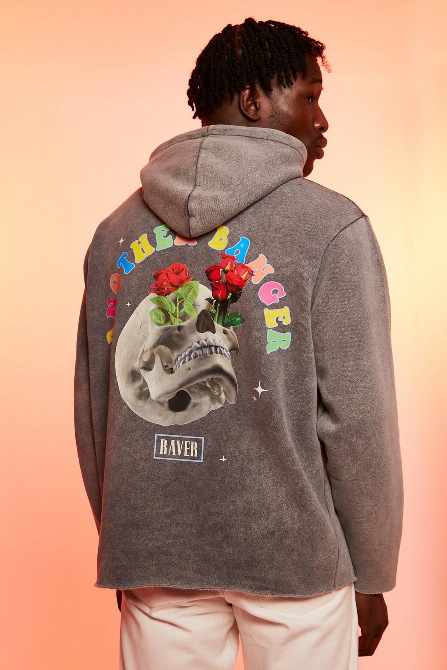 Charcoal gris Oversized Skull Graphic Washed Hoodie