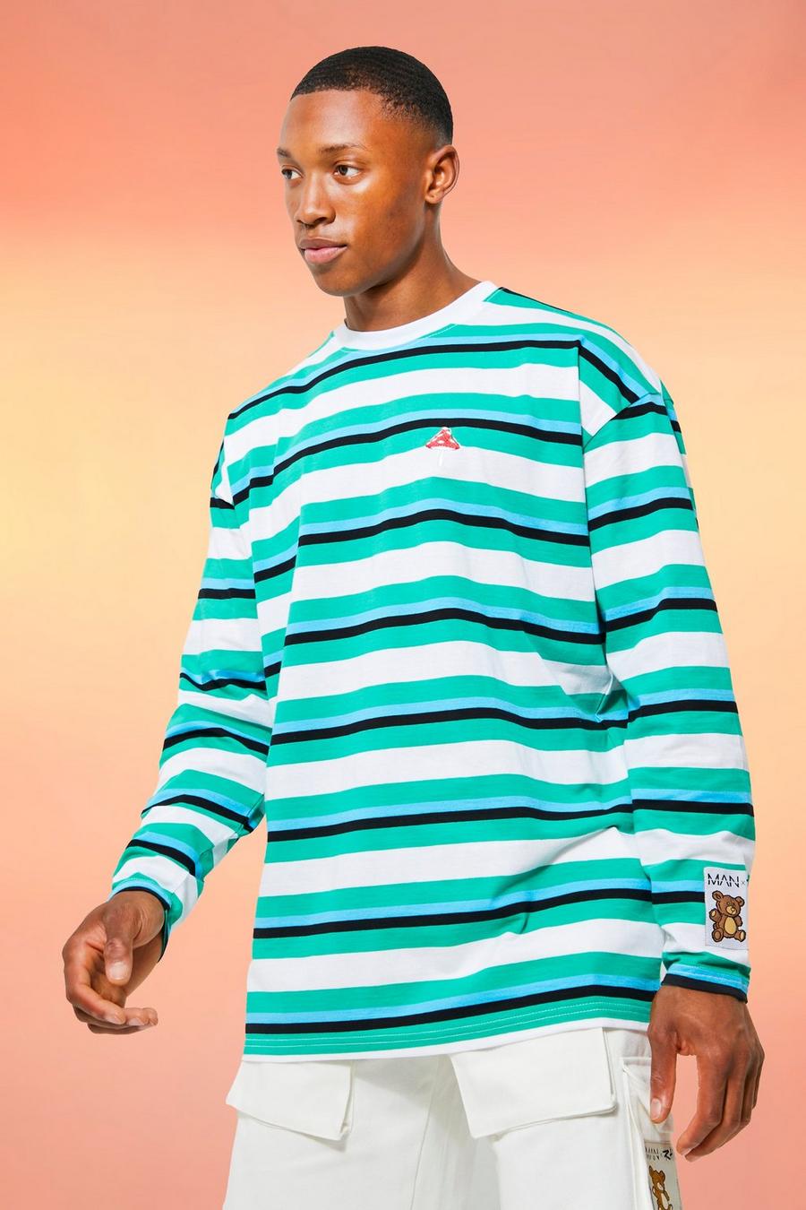 Camiseta oversize de manga larga con rayas y estampado de setas, Green gerde image number 1