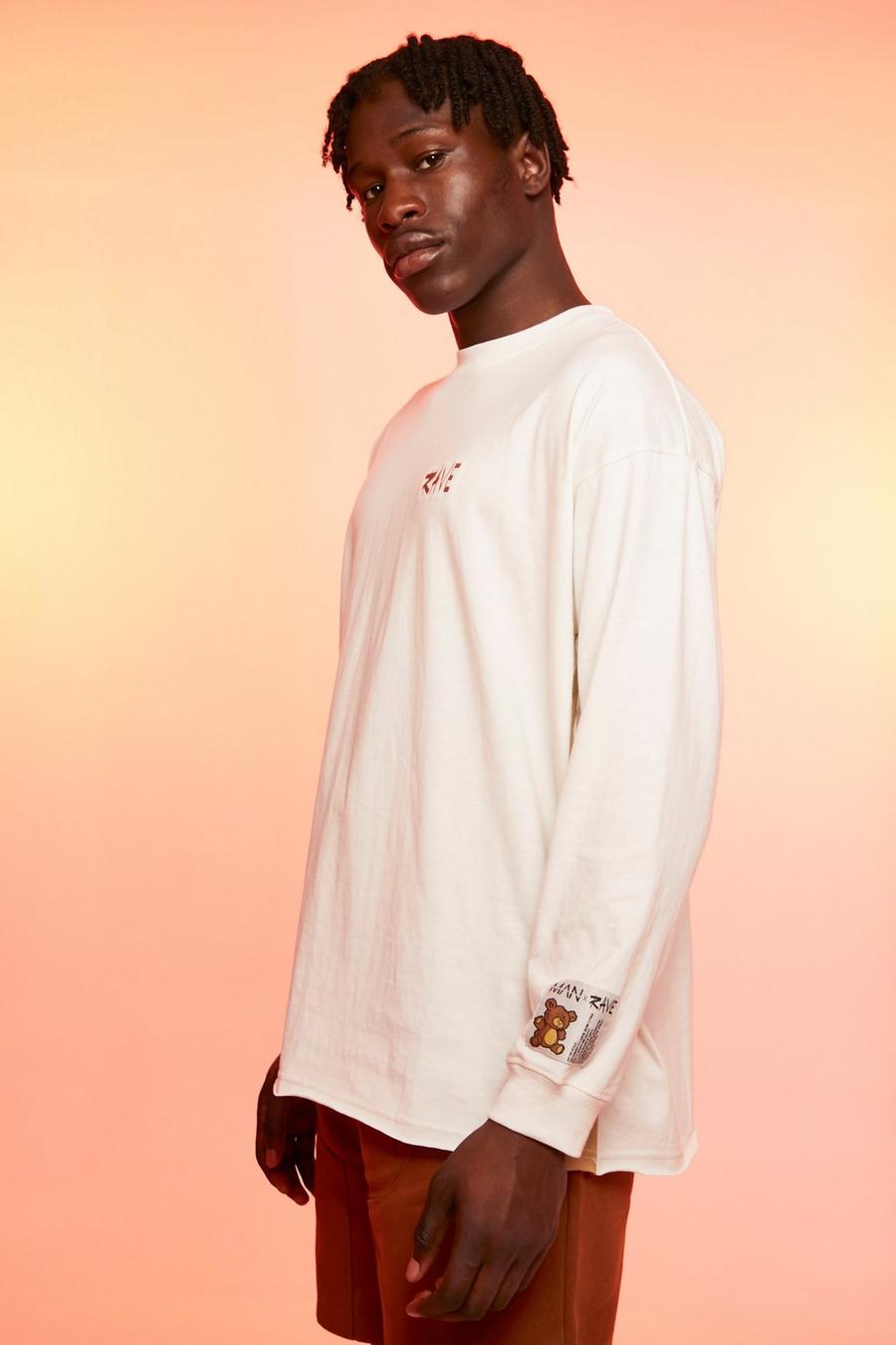 Camiseta oversize de manga larga con estampado y refuerzos, Ecru blanco