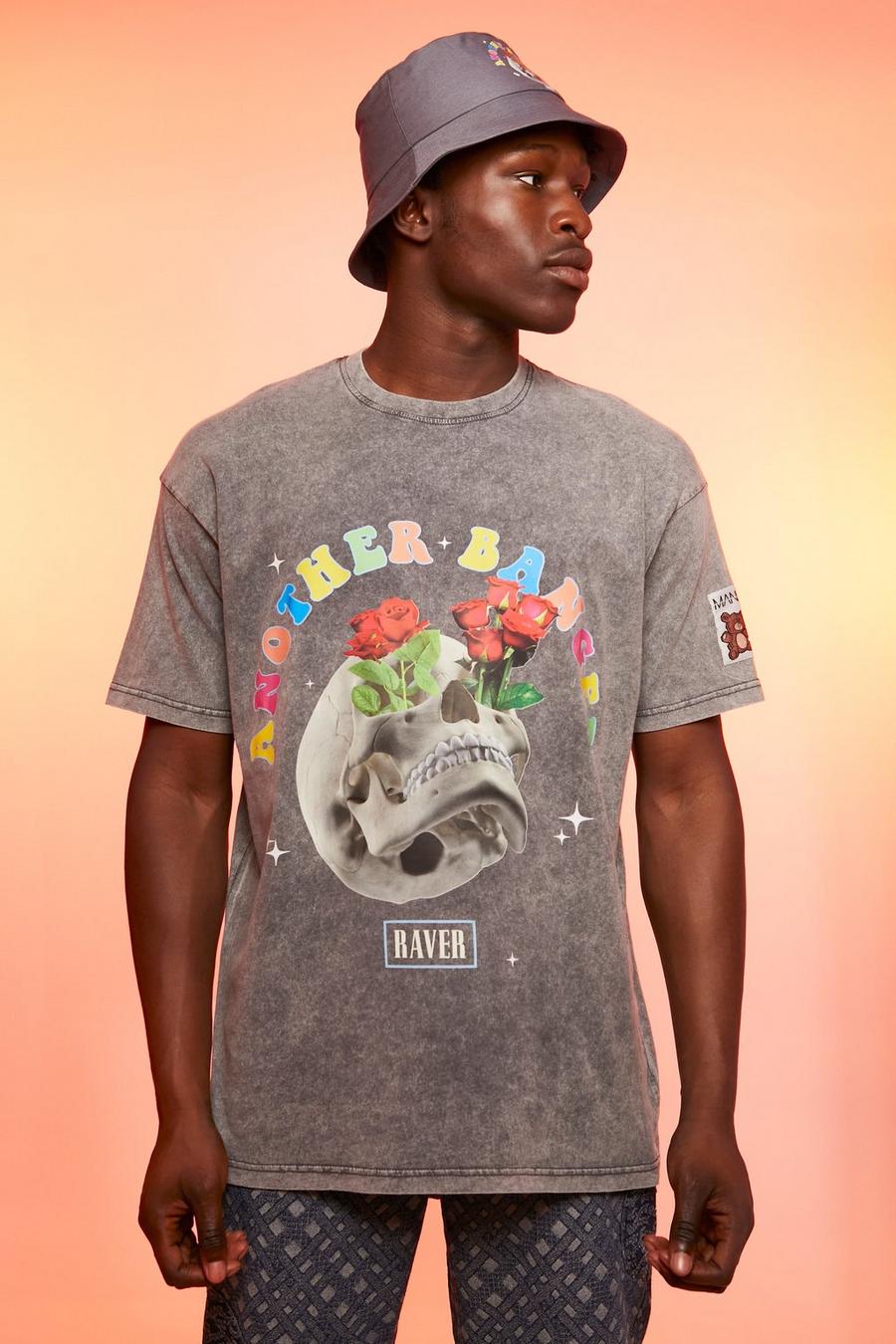 T-shirt oversize slavata con grafica di teschio, Charcoal image number 1